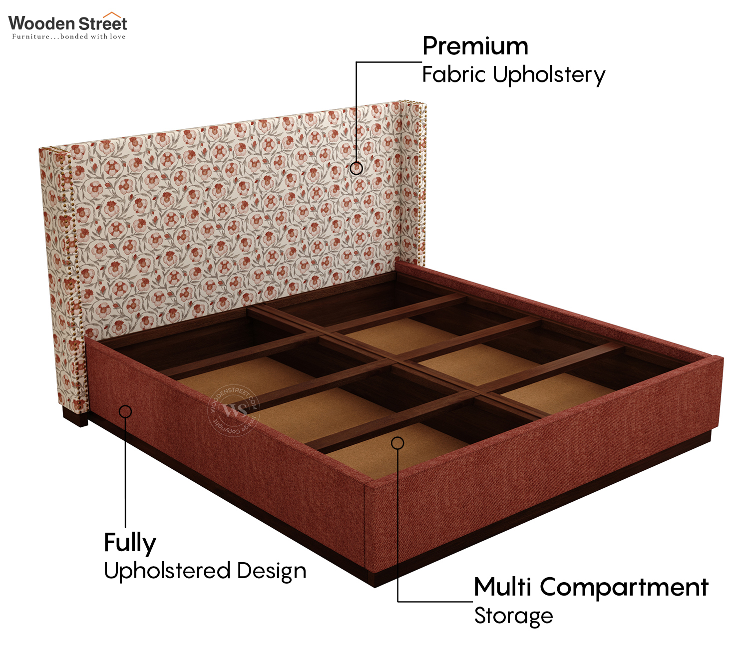 Kesarth Luxe Fabric Bed with High Rise Headboard & Storage (Queen Size, Red Upholstery)