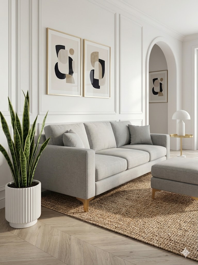 Modern Minimalist L-Shape Sofa with Ottoman (Beige Fabric)